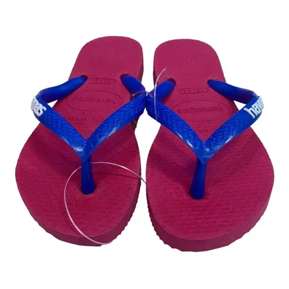 New with Tag Havaianas Electric Pink Blue Slim Flip Flop Kids Sandals